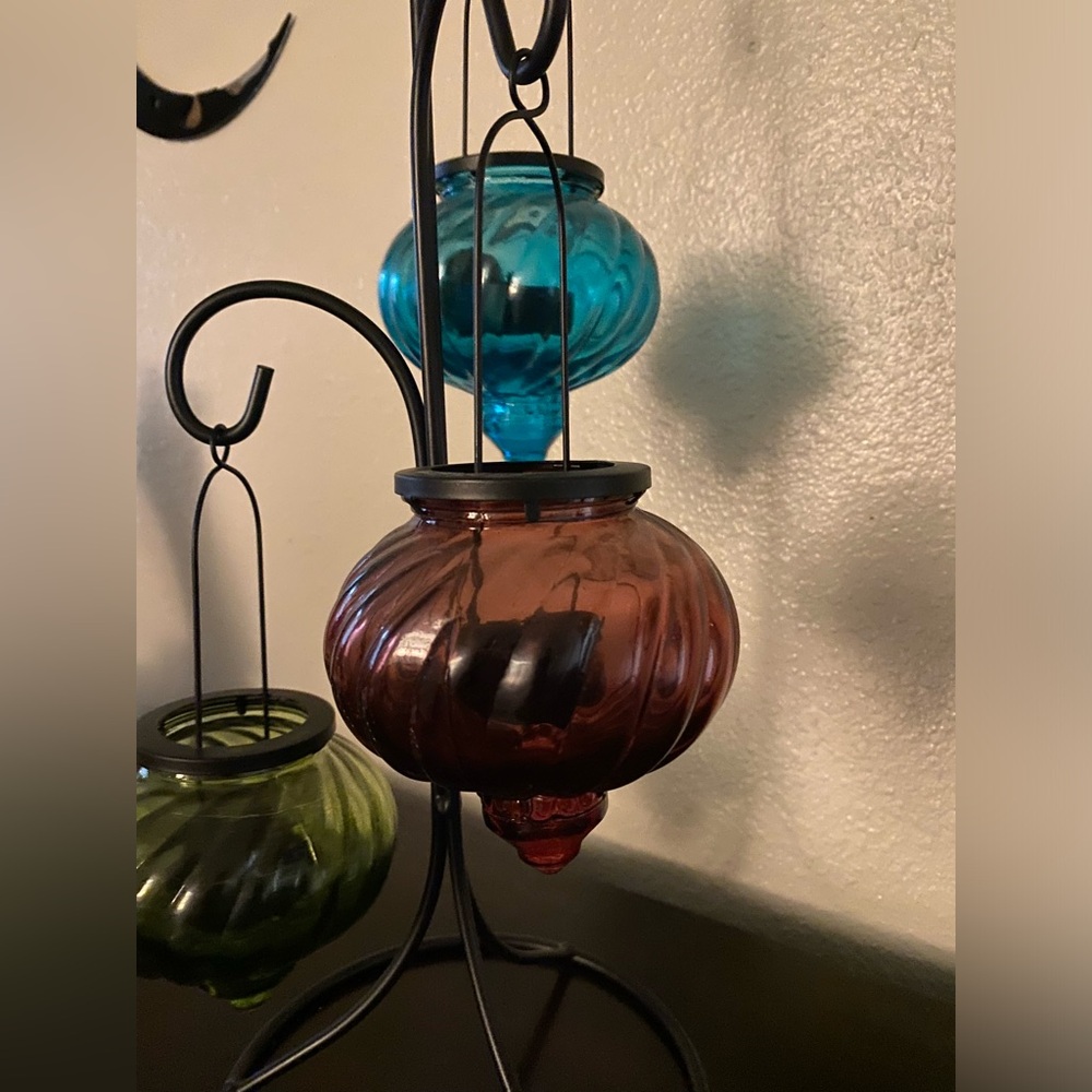 Moroccan Iron & Glass Tea Light Candle Holder Trio | Boho Home Decor - Picture 4 of 6